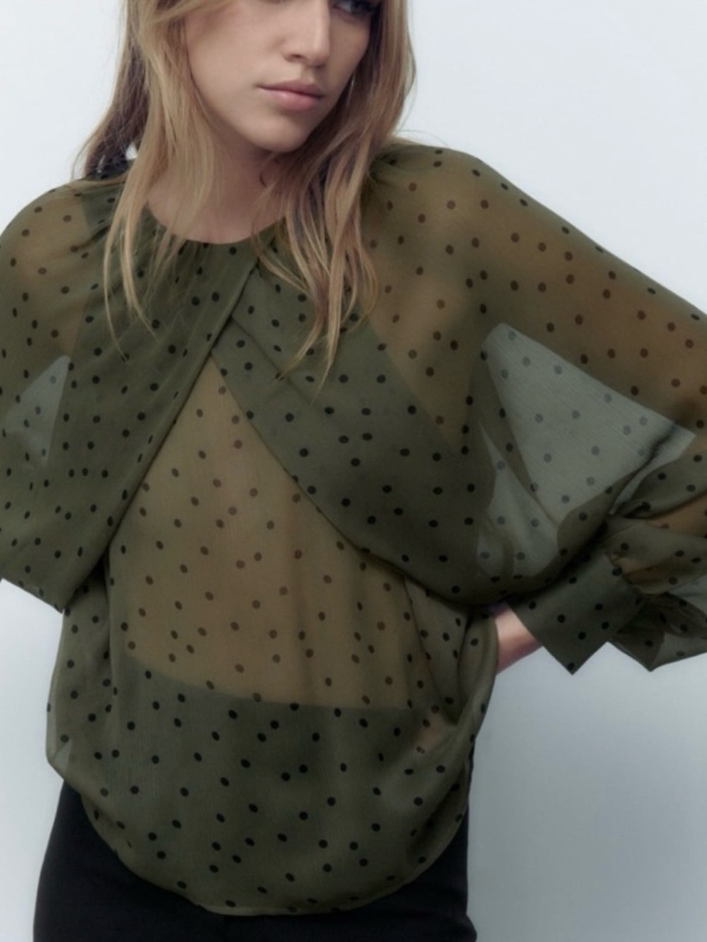 Zara Olive Green Sheer Polka Dot Blouse